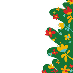 colorful flowers juxtaposed with a gracefully curving green shape resembling bushy foliage