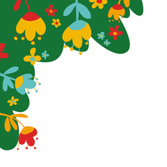 colorful flowers in the presence of a curvilinear green shape resembling a bush or grass