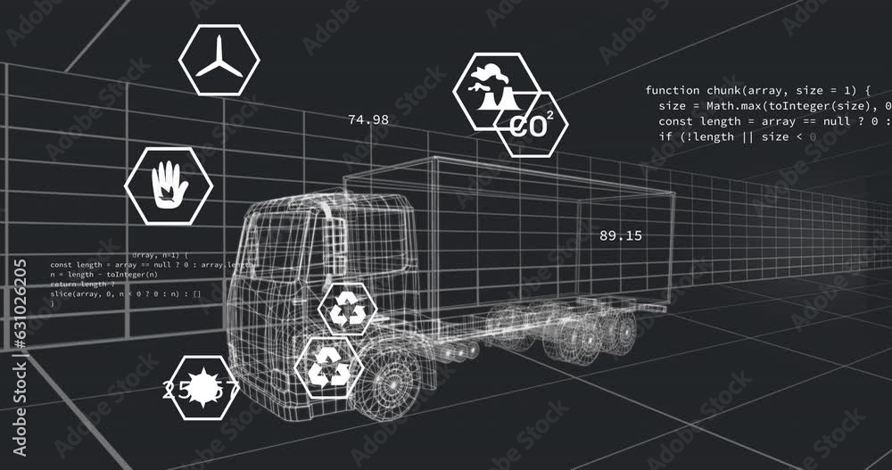 Poster animation of multiple digital icons over 3d truck model moving in seamless pattern in a tunnel