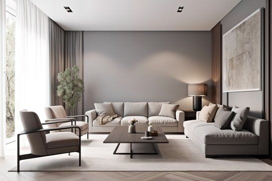 image of living room with grey wall sofa set lights and plants