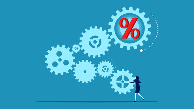 Federal Reserve Interest Rate Mechanism. Businesswoman connect gears mechanism and percentage vector