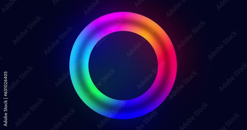 Poster light animation of a bright neon circle, a multi-colored rotating luminous ring. illumination from n