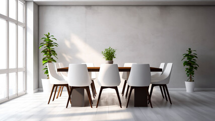 Modern Dining Room with Lush Green Plants. Minimalist and Elegant Design Concept.