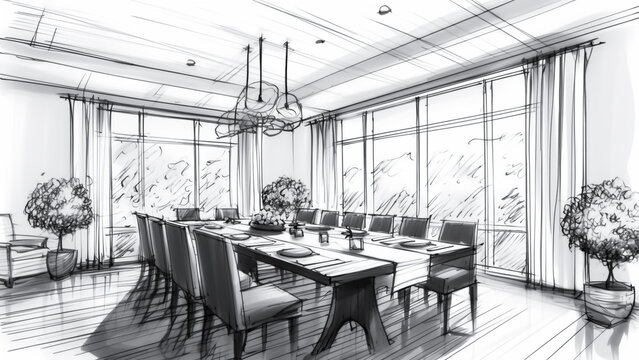 A dining room in sketch style in architectural drawing.