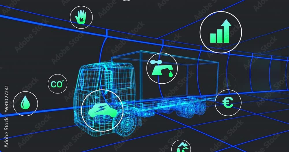 Poster animation of multiple digital icons over 3d truck model moving in seamless pattern in a tunnel