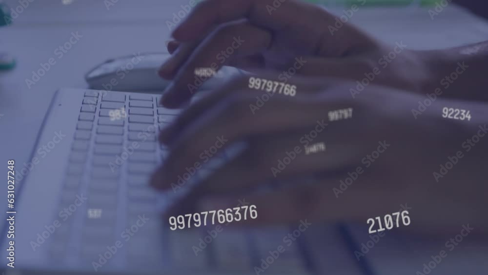 Poster animation of multiple changing numbers over mid section of woman typing on keyboard