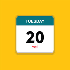 april 20 tuesday icon with yellow background, calender icon