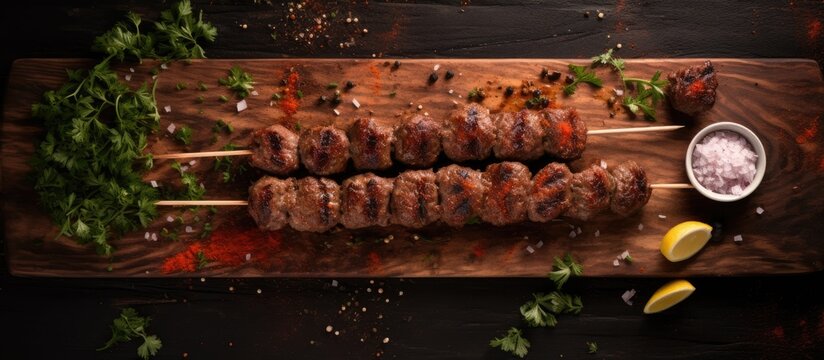 Top view of a gray background with raw kofta or lula kebabs skewers on a butcher board