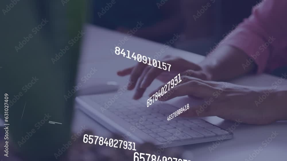Poster animation of multiple changing numbers against mid section of woman typing on keyboard