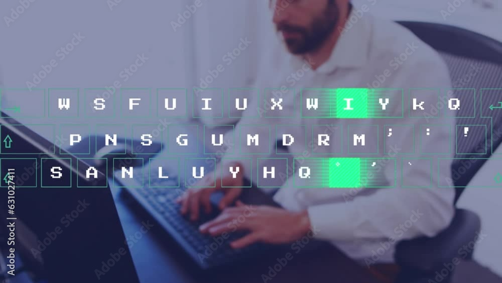 Poster animation of virtual keyboard against caucasian man using computer at office