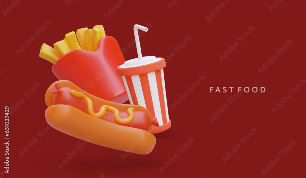 Wall mural Realistic hot dog, french fries, cold sweet drink. Classic fast food. Street snacks. Food for cinema, walks in park. Banner with illustration on dark red background