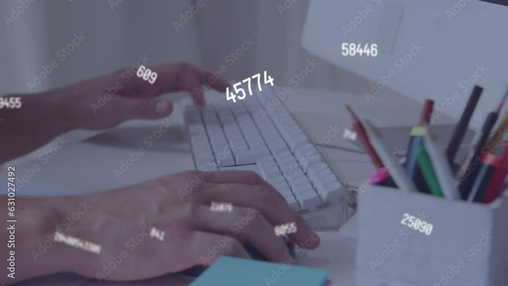 Poster animation of multiple changing numbers against mid section of a man typing on keyboard
