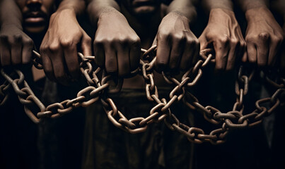 Closeup black hands in in heavy or old rusted chains background and concept of international day for the abolition of slavery.
