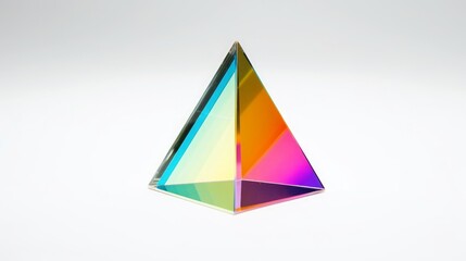 Refraction of light in a color dividing glass prism. Focus is front edge. Shallow depth of field. isolated on neutral white with natural shadows, Generative AI