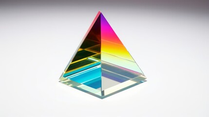 Refraction of light in a color dividing glass prism. Focus is front edge. Shallow depth of field. isolated on neutral white with natural shadows, Generative AI