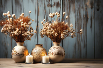 Autumn composition of candles and spikelets in vases on wooden background. Generative AI