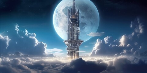 Space elevator.  A large tower extending above the atmospherical clouds. A space station or Space transit gateway. Moon in the background. Future technoloigies. Generative AI