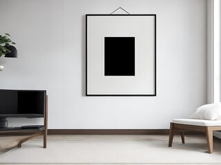 Blank poster mock-up with black frame on the wall in living room interior Ai generated