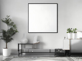 Blank poster mock-up with black frame on the wall in living room interior Ai generated