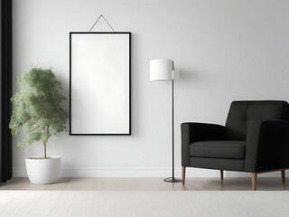 Blank poster mock-up with black frame on the wall in living room interior Ai generated