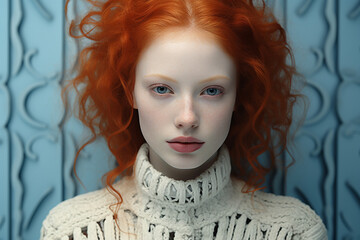 Generative ai studio portrait of albino and ginger beautiful woman on colour background