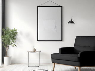 Blank poster mock-up with black frame on the wall in living room interior Ai generated