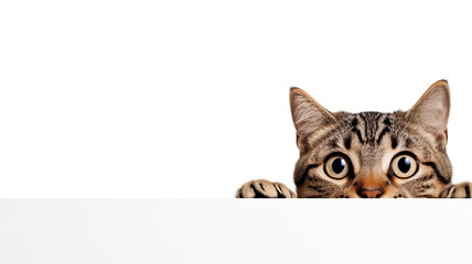Adorable cat peeking out behind the white background