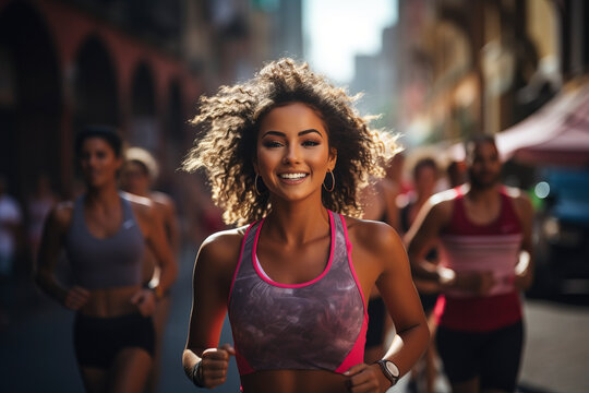 african women runner on a city street, in sports tops smiling 