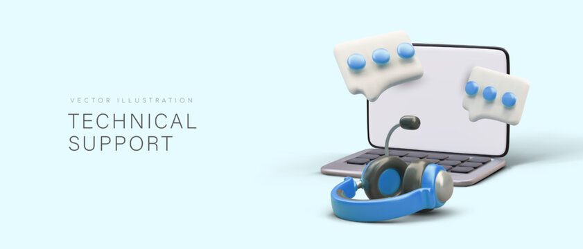 Technical support. Realistic headset, open laptop, messenger icons. Online help. Virtual assistant. Operator services. Template for web design. Poster for help page, FAQ