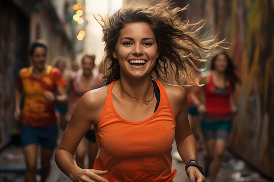 young woman jogging with her friends in the city