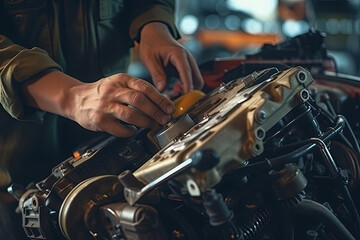 Obraz premium Close-up of mechanic hands repairing car engine in auto repair shop