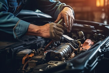 Obraz premium Close-up of mechanic hands repairing car engine in auto repair shop