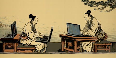 Asian semiconductor industry. Edo-period merchants using notebook PCs. Japanese woodcut print painting style. Electronics business concept. Generative AI