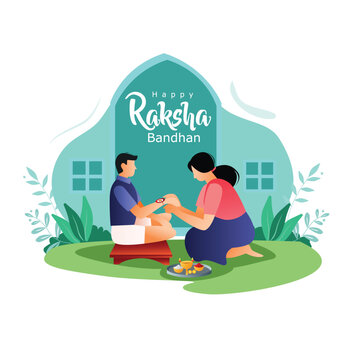 Indian Brother And Sister Festival Happy Raksha Bandhan Concept. Rakhi Celebration In India Festive Vector Illustration