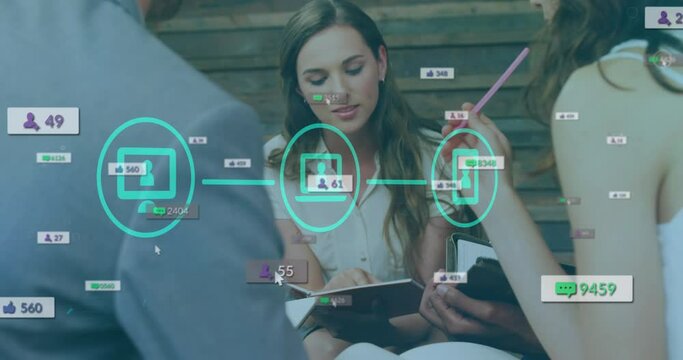 Animation of device icons in flowchart and notification, caucasian coworkers discussing reports