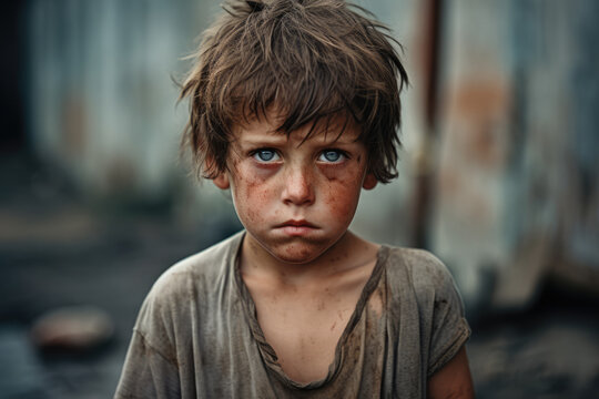 Close up portrait of a homeless child on the streets. Concept image on world poverty. Generative AI.
