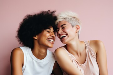 Two interracial best friends laughing and having a good time together in a studio - Generative AI