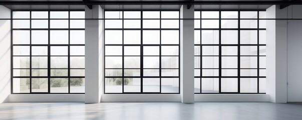 White room. white vacant building floor with black window frames and glass partition wall . A vacant tenant space for small office, schools restaurants. wide format. Generative AI