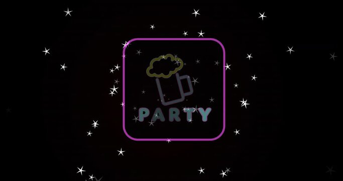 Animation of party text and beer glass in square and stars moving on black background