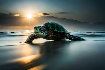 turtle on the beach at sunset