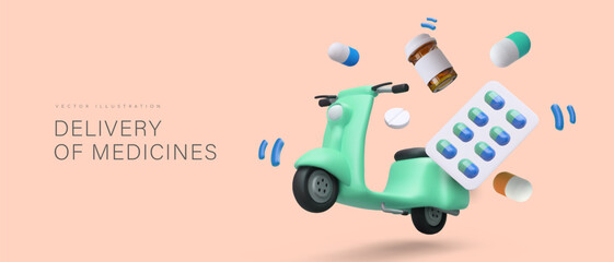 Medicine delivery concept. 3d realistic scooter delivery different medicine to clients. Web poster for pharmacy. 3d medicine concept. Vector illustration © ArtHub02