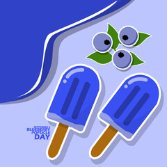 Ice cream blueberry popsicle with blue berries and bold text on light purple background to celebrate National Blueberry Popsicle Day on September 2