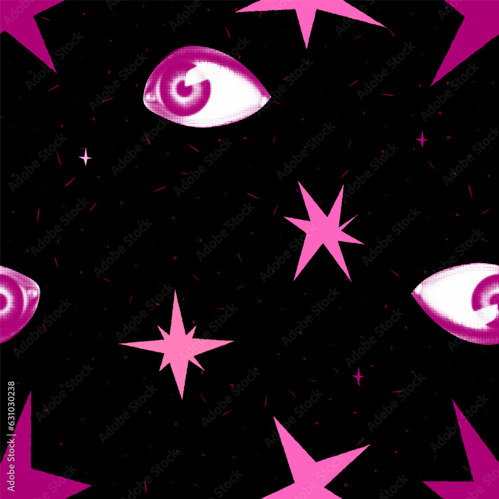 Poster seamless pattern in popart style. trendy irregular stars. textured background, with halftone style e