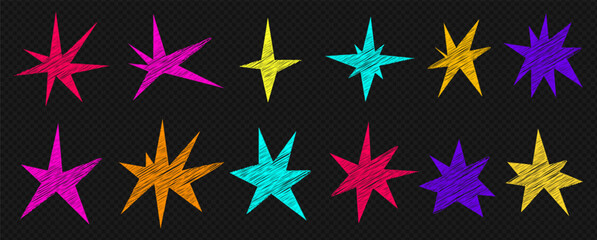 Fototapeta na wymiar A set of trendy irregular stars. Simple hand drawn shapes with textures. Vector illustration elements