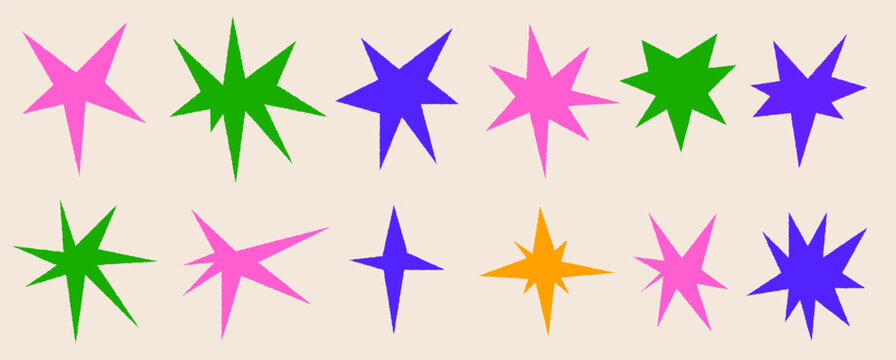 A set of trendy irregular stars. Simple hand drawn shapes with textures. Vector illustration elements