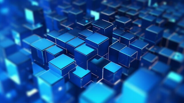Data processing and retrieval. Big data and Ai core data concept image. Dark and light metallic blue block stacked and rising. Shallow depth of field, Generative AI