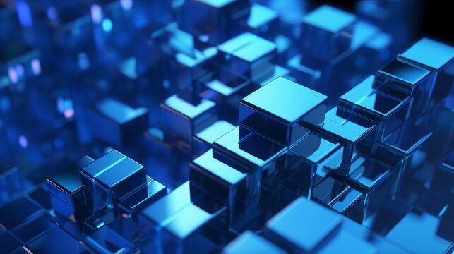 Data processing and retrieval. Big data and Ai core data concept image. Dark and light metallic blue block stacked and rising. Shallow depth of field, Generative AI
