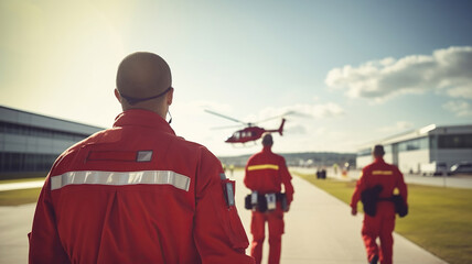 Obraz premium Emergency medical workers in red uniforms standing beside a helicopter at an airport with a blurred background