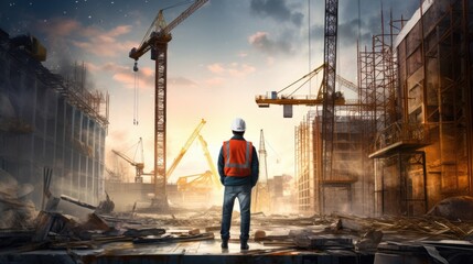 A construction engineer looks at a crane working on a construction site.