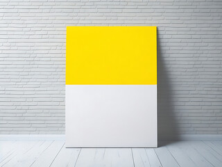 Poster mockup standing on the floor near yellow wall background